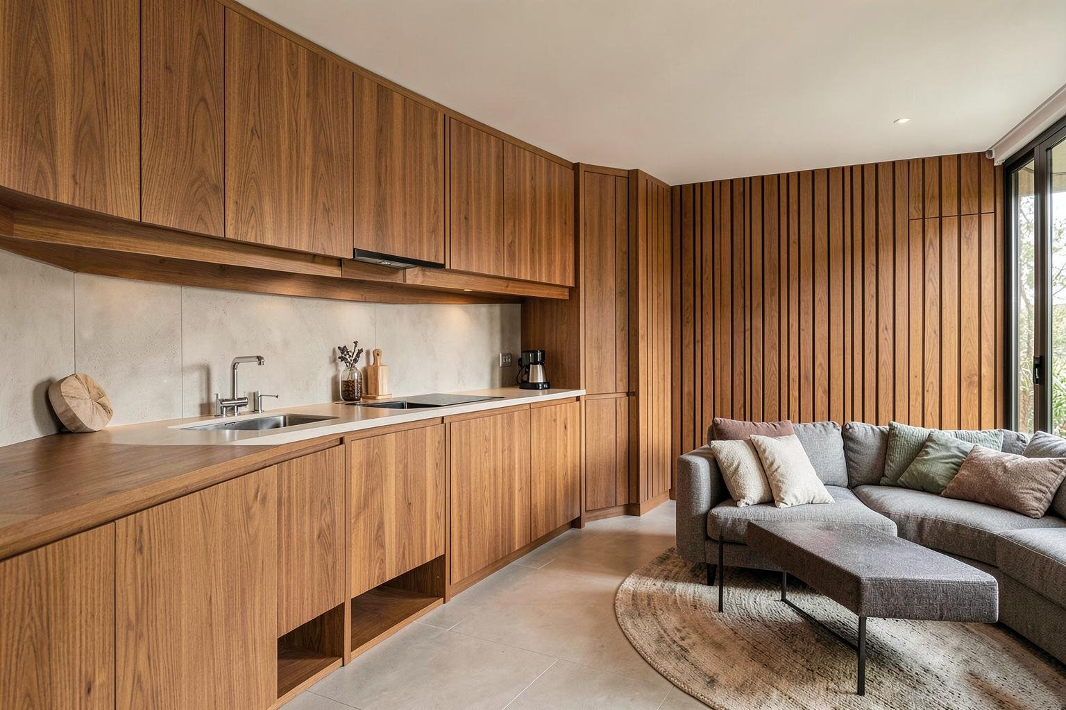 Cozinha e sala residencial com marcenaria planejada em madeira